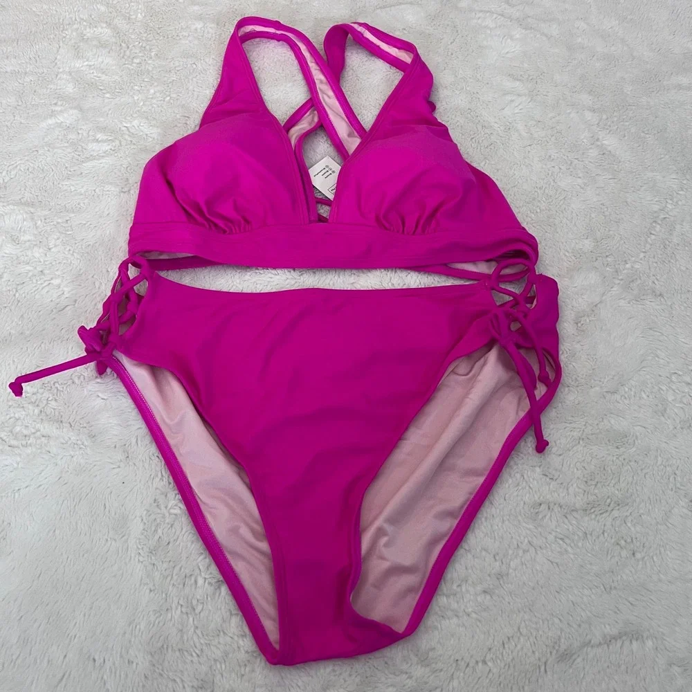 Cupshe‎ Women's Fuchsia Pink Bikini Set High Waisted Side Tie Size Large NWT